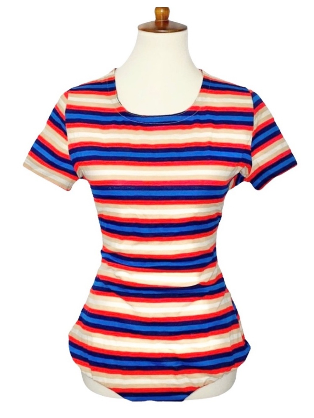Vintage 80's CHRISTIAN DIOR Short Sleeve Striped bodysuit Red, Blue/Cream sz M